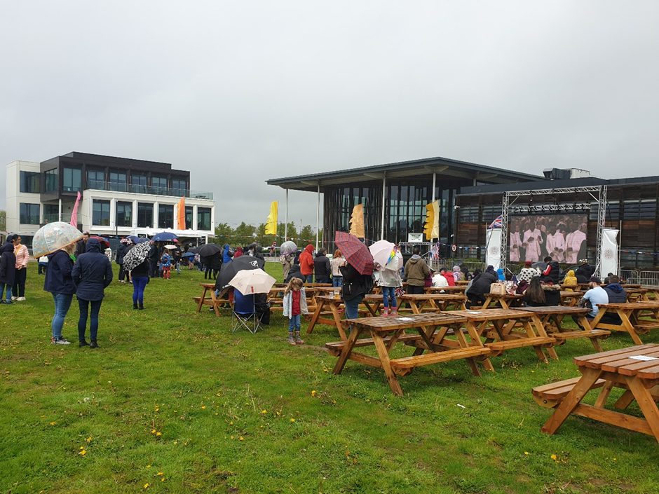 People watch the Coronation on a big screen at Bristol & Bath Science Park