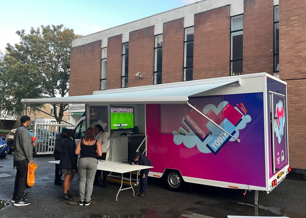 The new Wandsworth youth centre bus parked at Devas Club, Battersea.