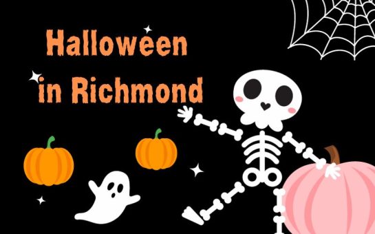 a drawing that says "Halloween in Richmond" in orange on a black background. There is also a spider web, two orange pumpkins, a pink pumpkin, a large skeleton, and a little ghost