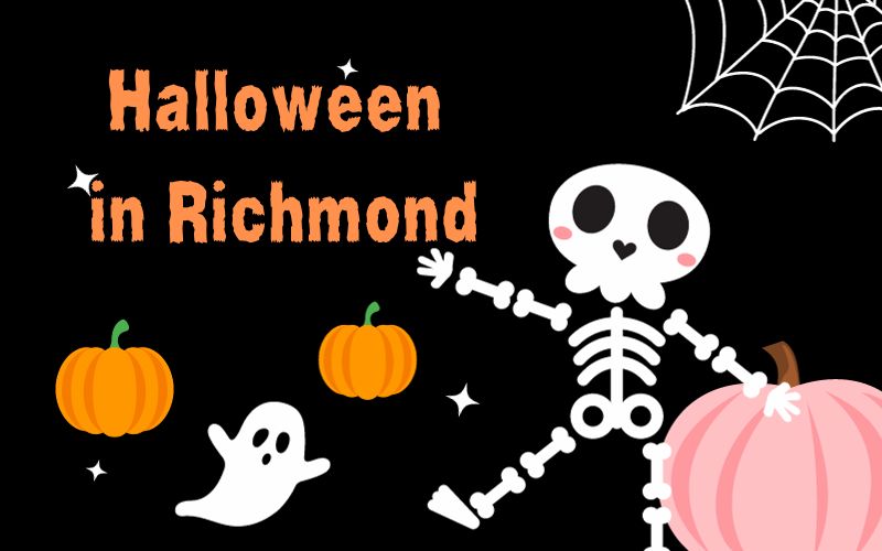 a drawing that says "Halloween in Richmond" in orange on a black background. There is also a spider web, two orange pumpkins, a pink pumpkin, a large skeleton, and a little ghost