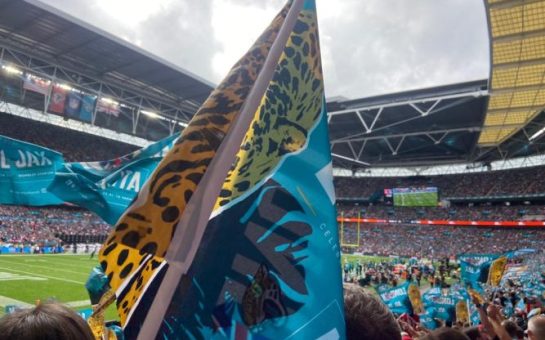 A Jacksonville Jaguars flag shows support in Wembley Stadium.