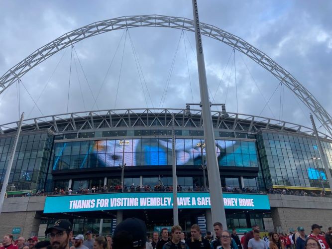 The outside of Wembley Stadium as it gets ready for the Jaguars vs Atlanta.