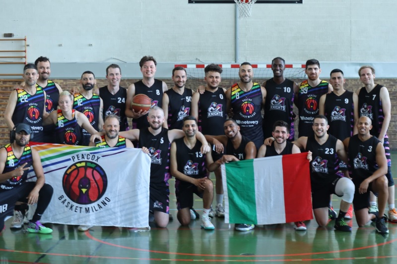 The London Knights, a gay men's basketball team, pose at a queer tournament in Milan