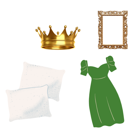 a picture of two white pillows, a green gown, a gold picture frame, and a gold crown - all can be put together for a Henry and Anne costume 