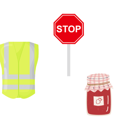 a picture of a yellow high visibility vest, a red stop sign, and a jar of strawberry jam - can be put together for a richmond traffic jam costume
