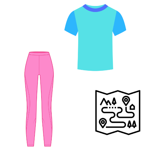 a picture of pink leggings, a blue running shirt, and a drawing of a pathway between two locations with some tress around the pathway - can be put together for a richmond park runner costume