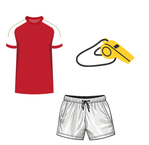 a picture of a red and white football jersey, a gold whistle, and white running shorts - can be put together for a Richmond FC costume