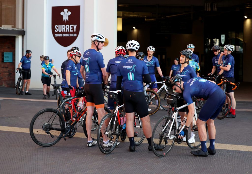 Professional Cricketers' Trust bike ride cyclists preparing outside the Oval