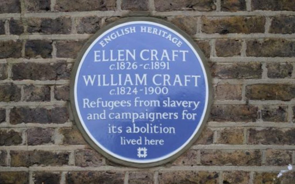 Blue plaque celebrating American abolitionists Ellen and William Craft, put up by Hammersmith and Fulham Council in Hammersmith