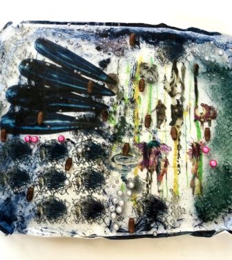 Mixed media collage piece called Maze using pearls, nails and jewellery.