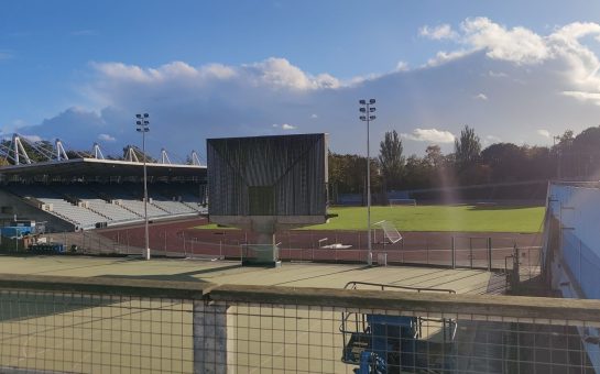 A photo of the Crystal Palace Athletics stadium, showing the back of the scoreboard.
