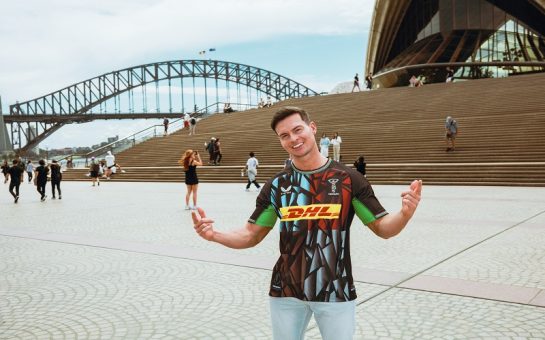 Joel Corry wearing a Harlequins shirt