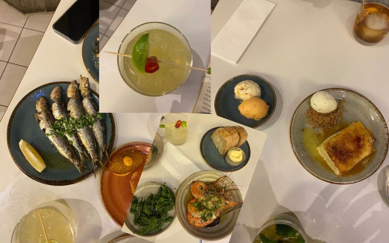 A combination of photos of food we ate at La Gamba. From left to right: Sardines topped with parsley and garlic, a spicy margarita topped with chilli and lime, prawns in their shells and the torrija caramelizada with two scoops of ice-cream.