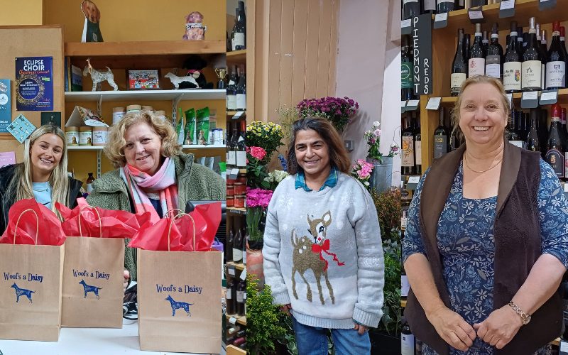 A composite image of four people. The first image is of two women behind a till with goody bags in front of them. The second image is of a woman in front of a floral display. The third image is of a woman in front of a wine display.