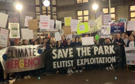 Demonstrators outside of the Merton Council's building.