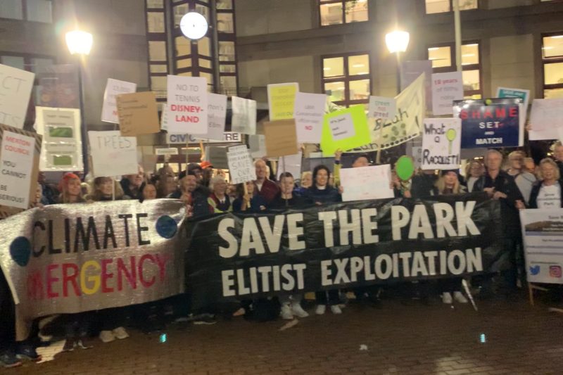 Demonstrators outside of the Merton Council's building.