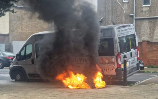 The Furzedown bus on fire on Moyser Road