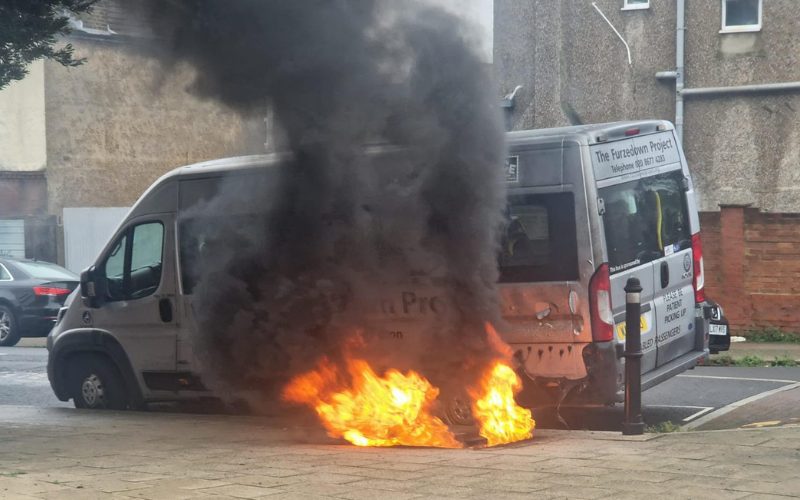 The Furzedown bus on fire on Moyser Road