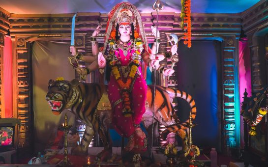 Navaratri celebrations with shrine of Hindu deity