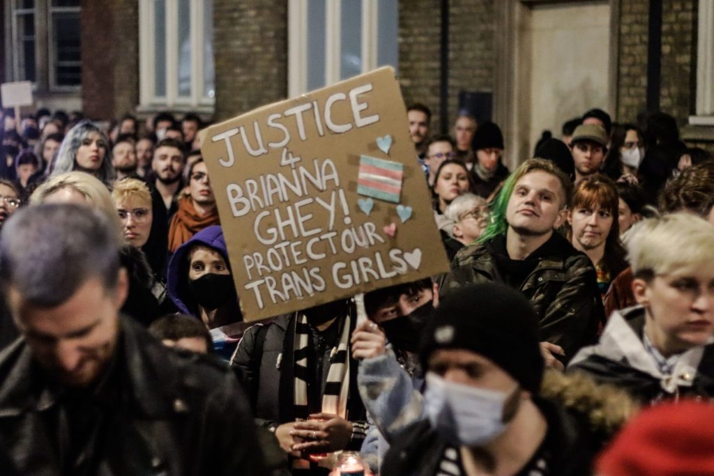 Protestors hold up a placard reading "Justice 4 Brianna Ghey. Protect our trans girls"