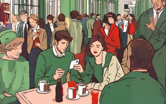 Illustration of a couple in a busy venue on a date.