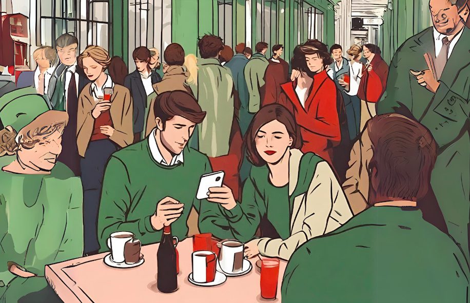 Illustration of a couple in a busy venue on a date.