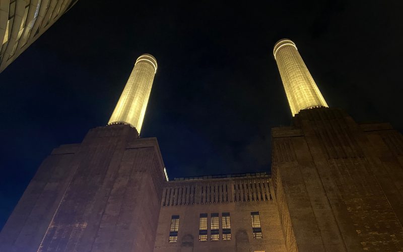 Battersea Power Station lit up at night