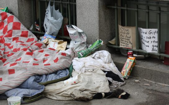 Homeless person's sleeping bag and possessions
