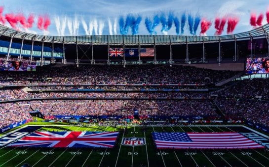 The US and UK flags unfurled at the Tottenham Hotspur Stadium at the 2023 NFL London Games