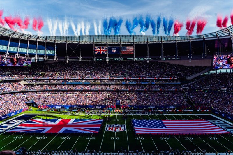 The US and UK flags unfurled at the Tottenham Hotspur Stadium at the 2023 NFL London Games
