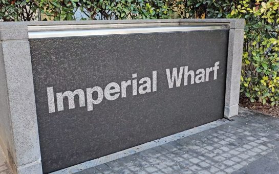 Granite water feature, with Imperial Wharf written in text