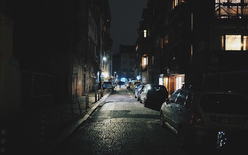 A dark street at night