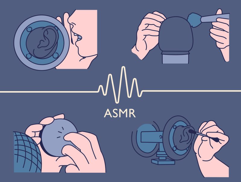 A graphic depicting an ASMR artist making noises using their mouth, and scratching objects.