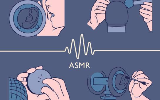 A graphic depicting an ASMR artist making noises using their mouth, and scratching objects.