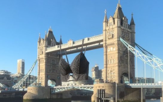 Picture of London Bridge with a giant CGI bra hanging from the top of the bridge