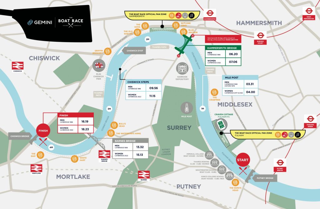 A map depicting the route of the Gemini Boat Race route. Highlighting the different pubs you can visit on the riverside. 