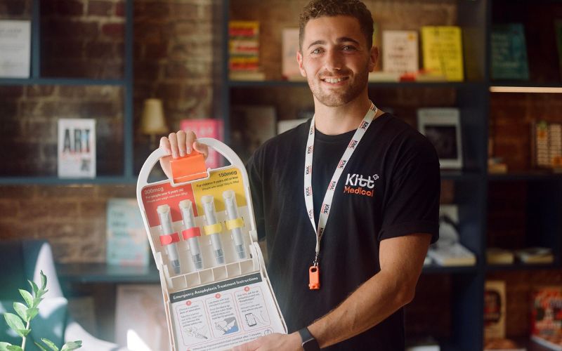 Zak Marks holding the Anaphylaxis Kitt