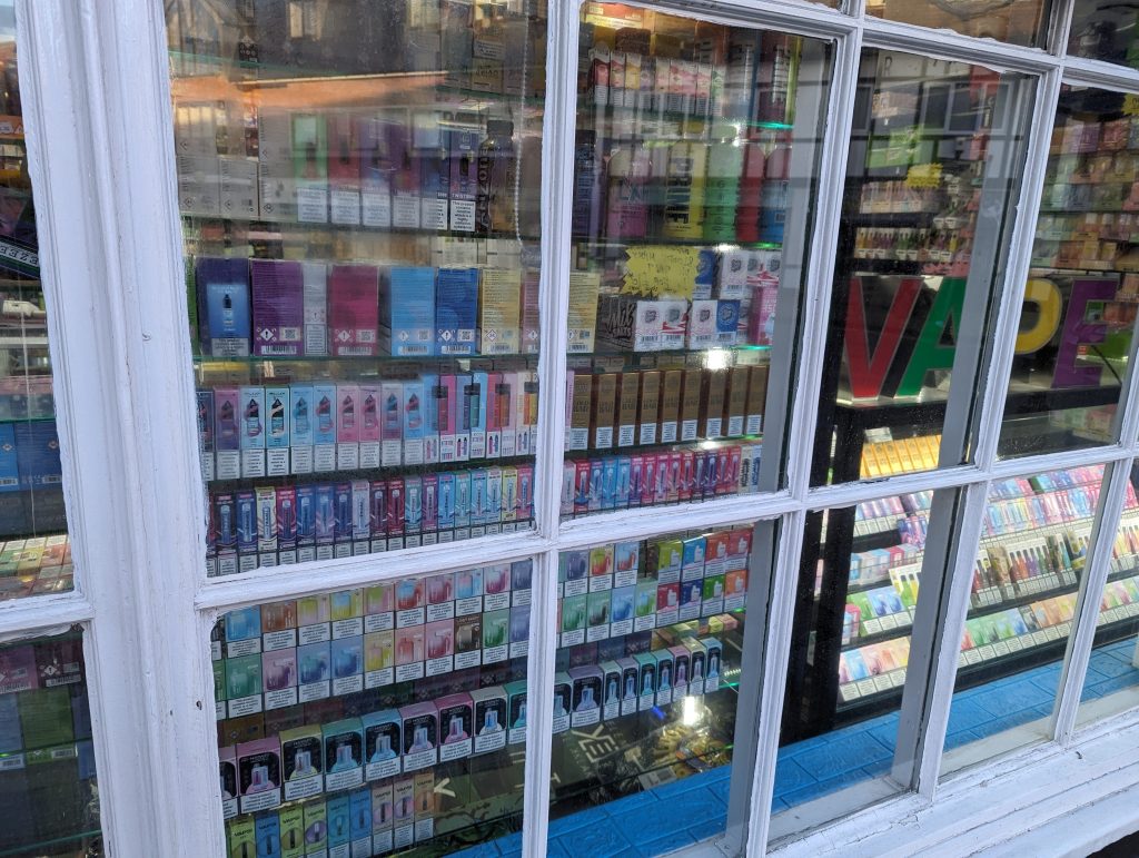 A large selection of colourful vapes for sale