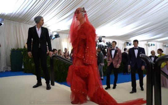 Katy Perry wearing red dress on Met Gala red carpet 2017