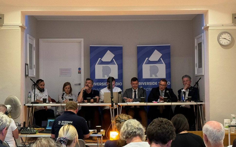 From left to right, Aaron Mafi from the Workers Party, Rachel Brooks from the Green Party, Ben Cronin from Reform Party, Riverside News Editor Cam Hall, Ross Garrod representing Labour, Nick McLean representing Conservative and the Liberal Democrats candidate Paul Kohler.