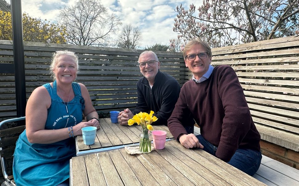 Image of Global Chief Executive (Kevin Costello) and Chair (Rupert Heseltine) at TRJFP at the ETNA centre, with Clare, one of TRJFP's founders. 