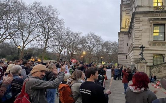 Crowd of protestors at Treasury, Whitehall, in response to Rachel Reeve's Spring Statement.