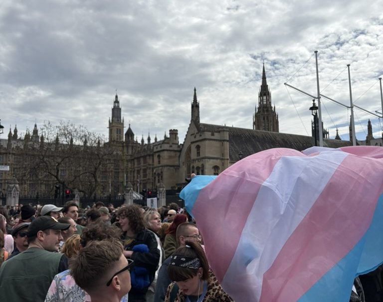 A Trans Pride flag waved by protesters in front of Westminster Palace