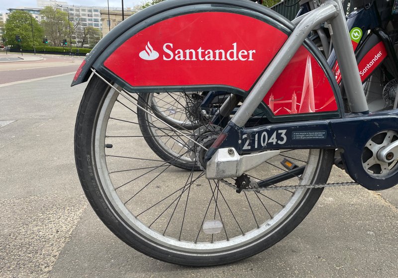 Close-up shot of rear wheel of a Santander bicycle.