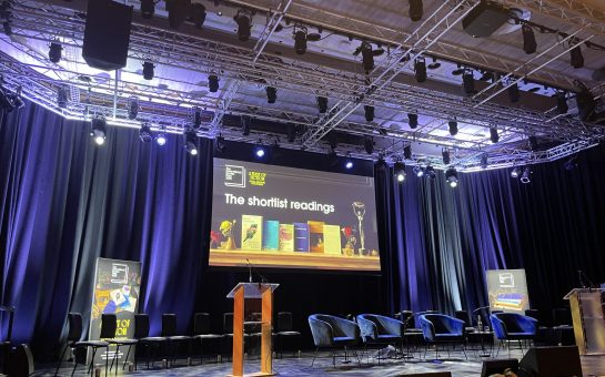 The stage at the Southbank Centre's Purcell Room before International Booker Prize shortlist readings