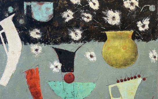One of Judith Fisher's paintings, vases painted onto a grey and black background.