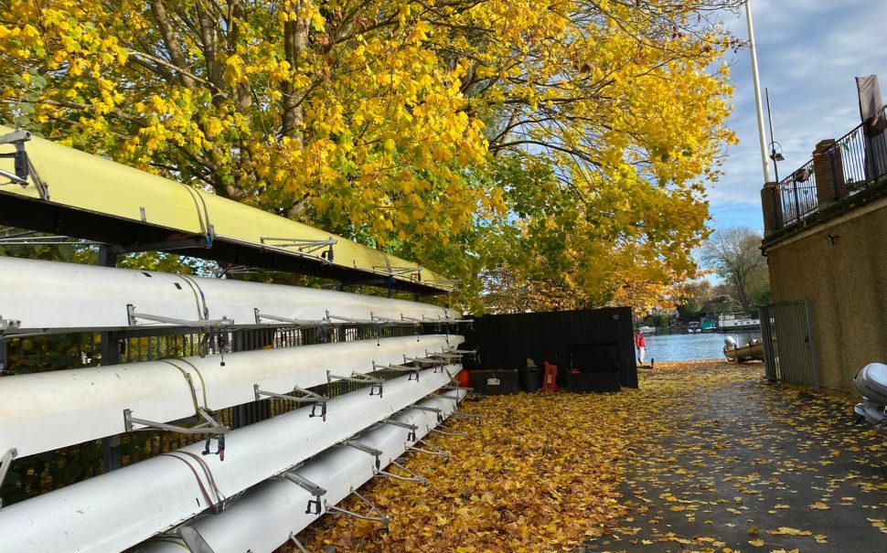 Boats stacked up outside Molesey Boat Club