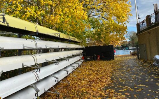 Boats stacked up outside Molesey Boat Club