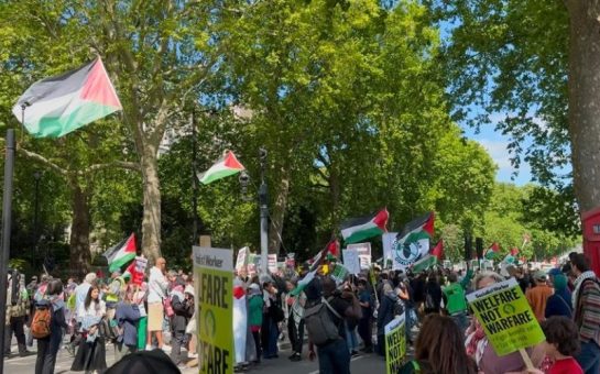 Palestinian flags flying