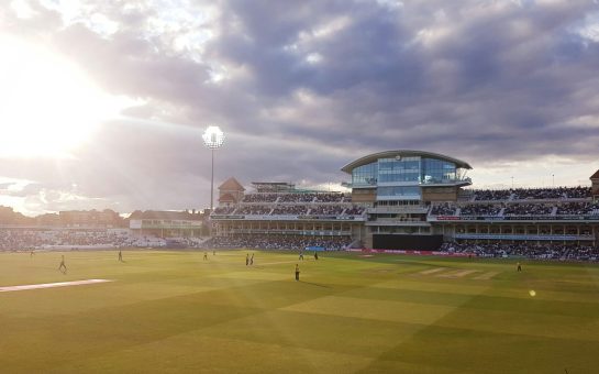 English t20 cricket match being played under lights at Trent Bridge, Nottingham.